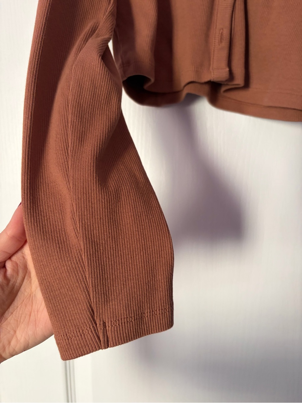 Zara Button-Front Ribbed Long Sleeve Top - Rust Brown - Picture 3 of 3